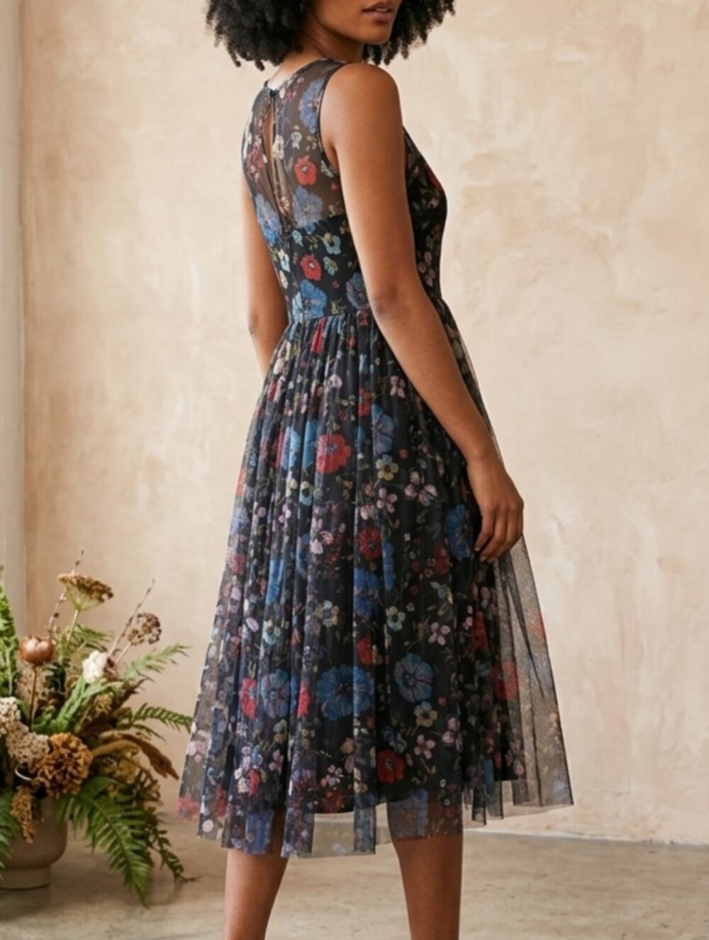 Flowy Disney Lauren Conrad Black Floral Mesh Midi Dress Snow White Woodland Sz 2